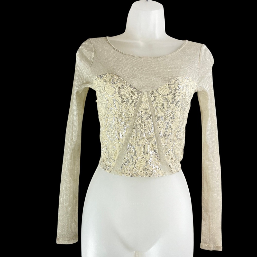 Kimchi Blue Size Small Champagne Silver‎ Metallic Lace Mesh Long Sleeve Crop Top